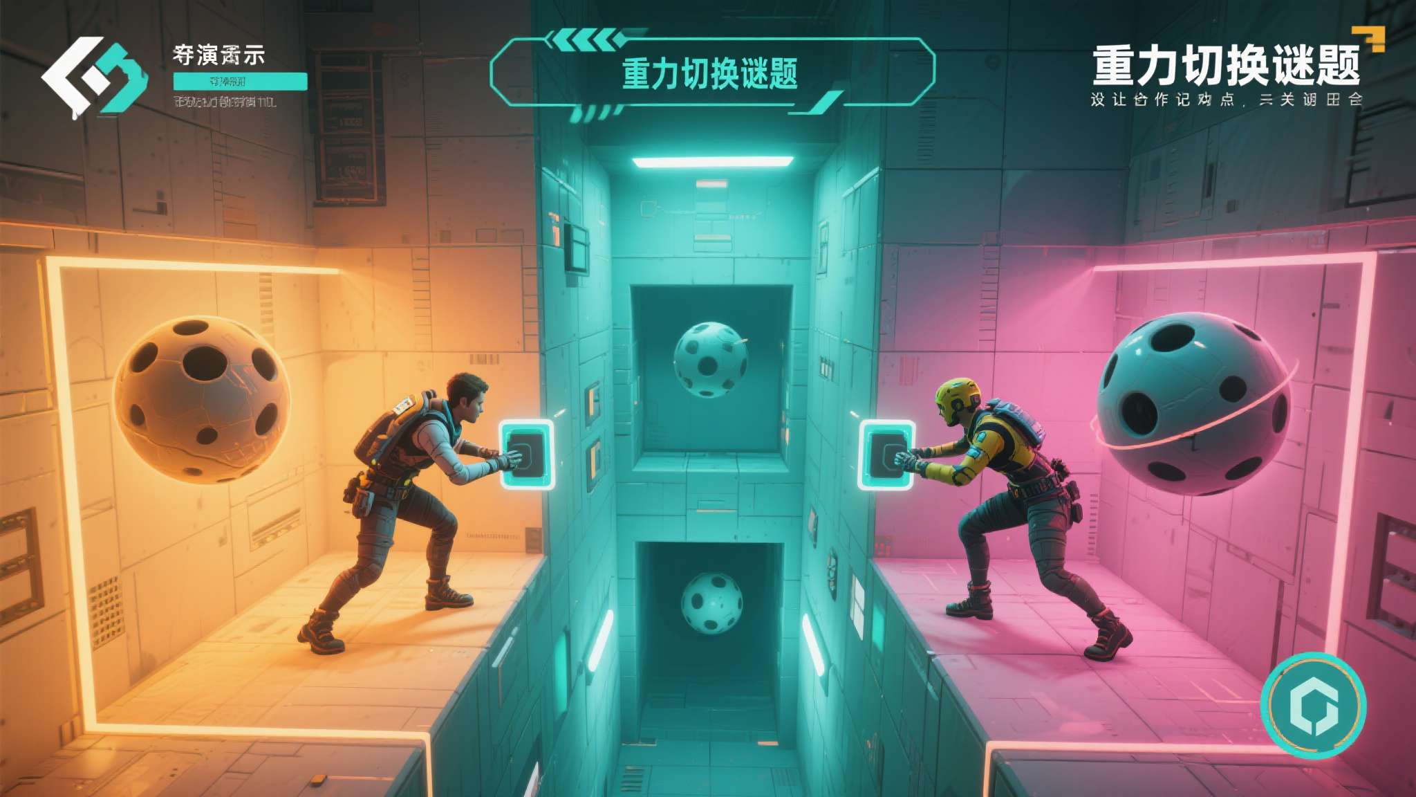 关卡设计颇具创意：以演示中出现的"重力切换谜题"为例，两名玩家需要在不同重力区域
